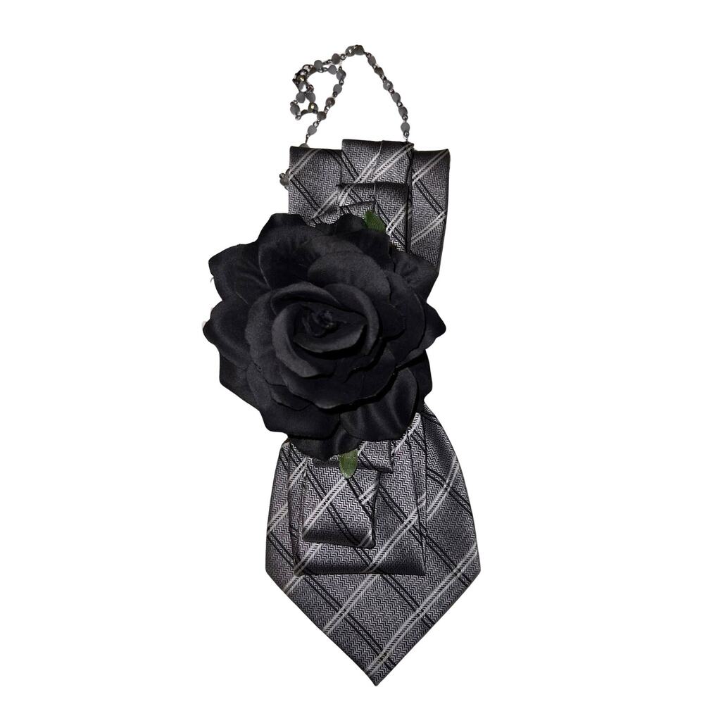 Repurposed Gray Junk Tie  Necklace Fashion Statement Accessory with Black Rose